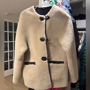 MANGO Tan Teddy Jacket with Black Accents
